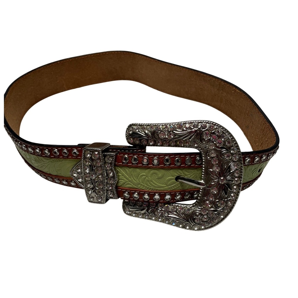 3D Belt Company Lime/Brown Geunine Leather Rhinestone Westen Belt Girls Youth L